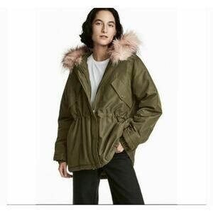 H&M Parka Jacket Women M Khaki Green Hood Faux Fur Trim Coat Full Zip Heritage